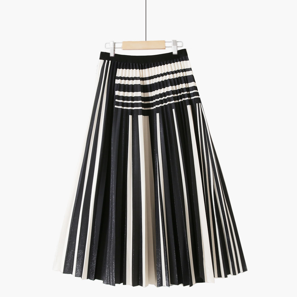 New-Coming Vintage Shiny Pleated Skirt 여성 봄 가을 스플 라이스 스트라이프 a 라인 스커트 하이 웨스트 스윙 Mid-Calf Skirt 여성